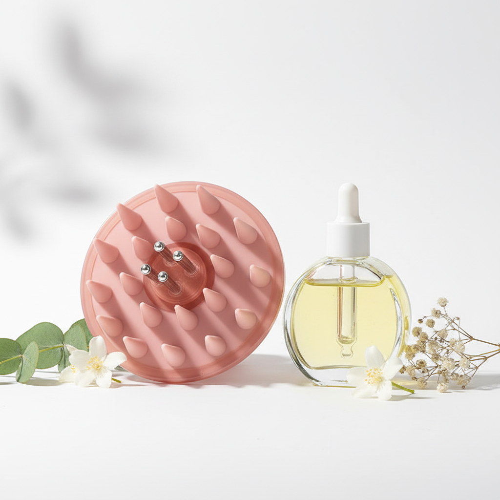 Rituel capillaire - Brosse massage et huile sur fond blanc