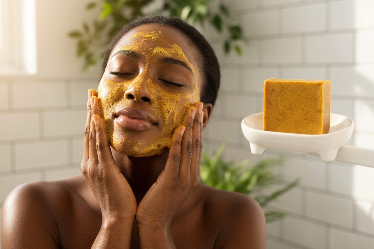 Femme noire appliquant savon avec produit en arrière-plan